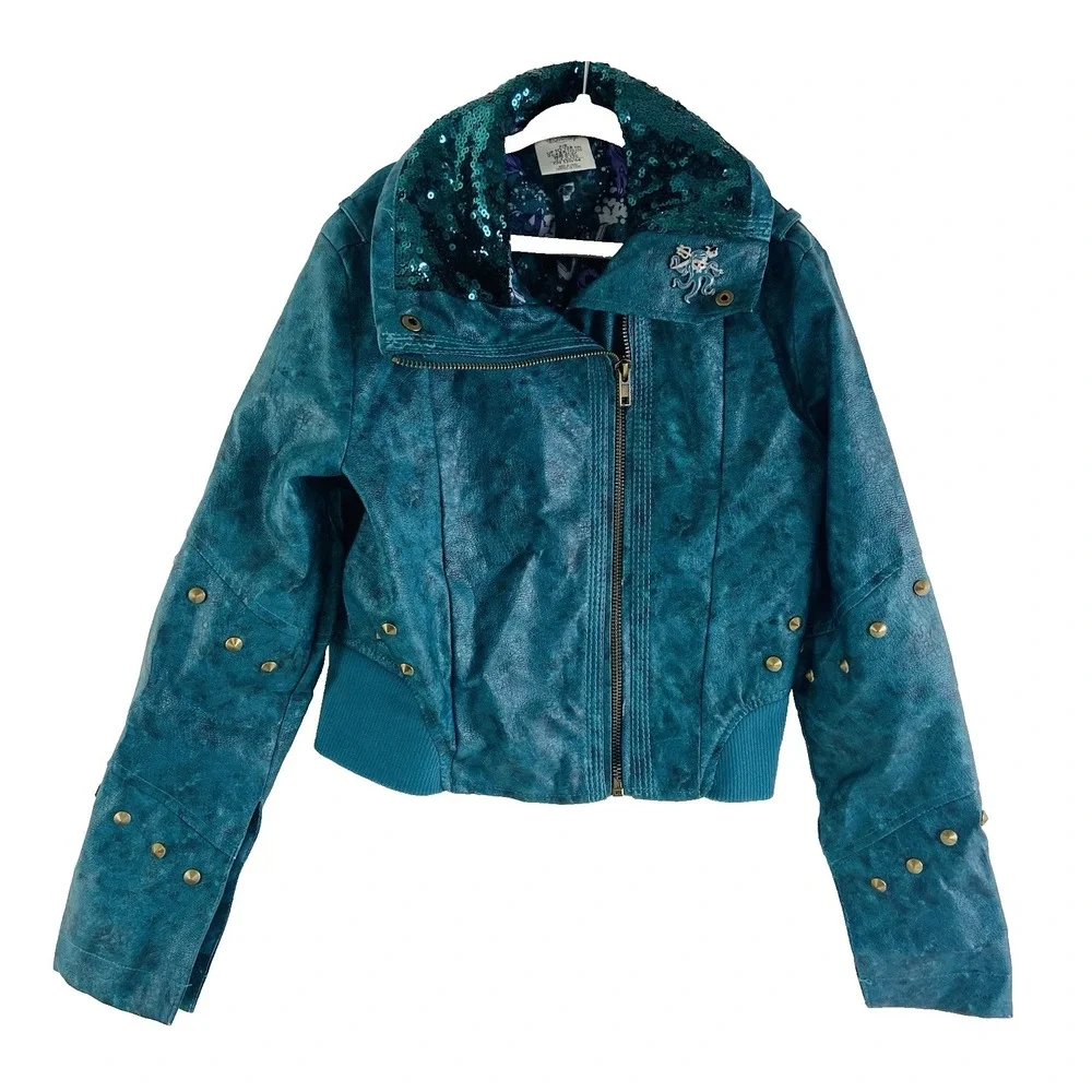 Disney DESCENDANTS Uma Jacket Girls 7/8 Teal Faux Leather Sequins Studs